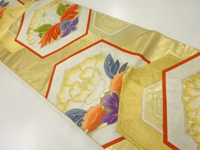 JAPANESE KIMONO / ANTIQUE FUKURO OBI / SILK / WOVEN KIKKO & FLOWERS